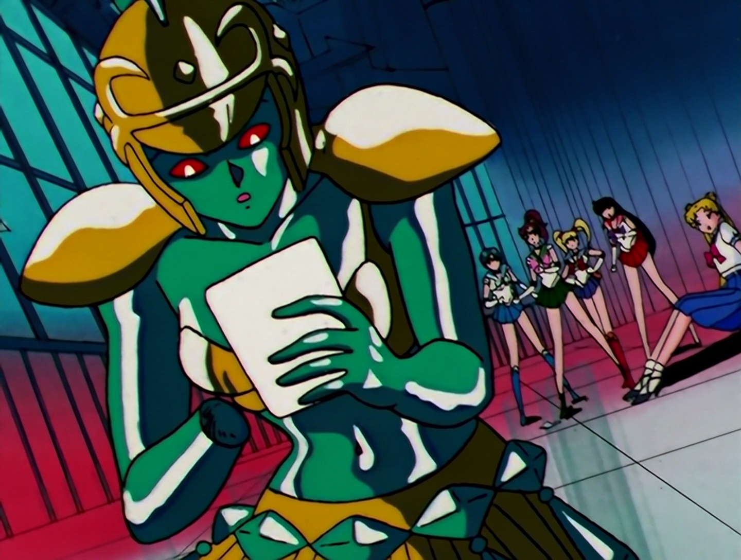 Cenicienta again. She’s alarmed because one of her hands has broken off and she’s checking her warranty. In the background there’s a group of Sailor Guardians that’s probably really confusing if you don’t know the particular circumstances of this episode.